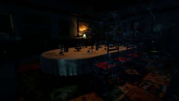 A haunting dining room scene from the Among The Whispers: Provocation review, with spectral figures lingering in the shadows.