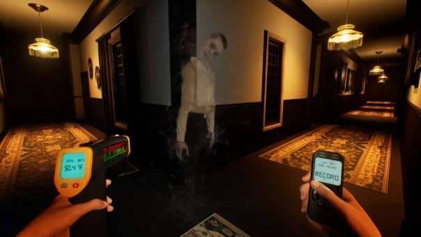 An investigator carefully analyzes a haunted room in Among The Whispers: Provocation review, using specialized ghost-hunting tools.