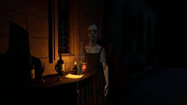 A chilling glimpse of a spectral entity in Among The Whispers: Provocation review, haunting the dimly lit surroundings.