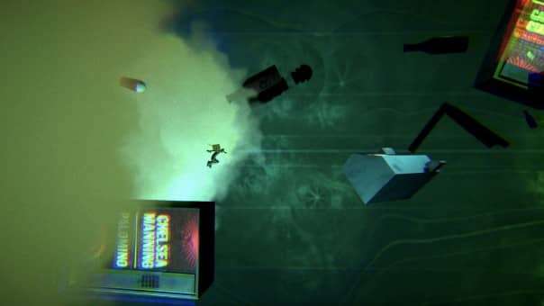 Soaring through Antro’s industrial ruins, the player is flung forward while dodging deadly mid-air hazards.