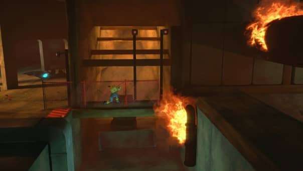 Flames erupt from burst pipes in Antro, turning a narrow path into a high-stakes platforming challenge.
