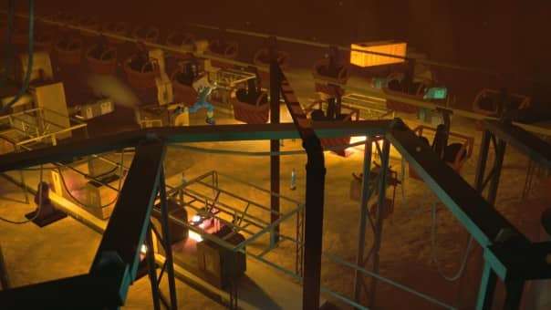 In Antro, the character balances across a high beam above a bustling warehouse floor teeming with machinery and workers.