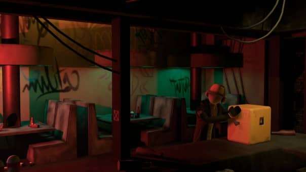 The protagonist of Antro lifts a delivery package inside the underground city, marking the start of a critical mission.