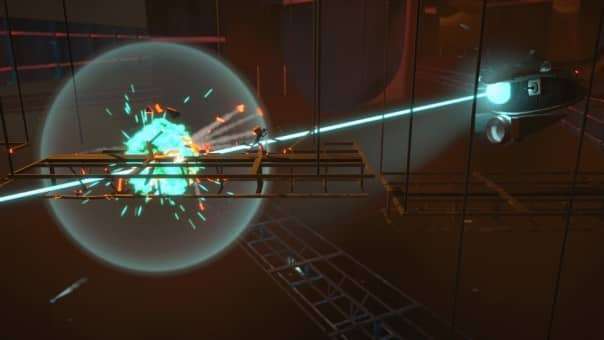 In Antro, a security bot targets the protagonist with a laser beam as he flees through a dimly lit corridor.