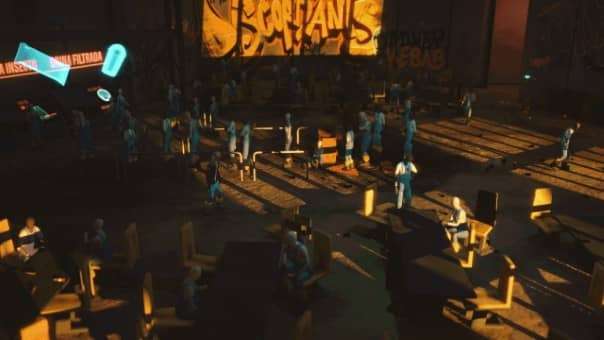 The protagonist of Antro navigates a vivid, bustling underground street filled with neon lights and animated pedestrians.
