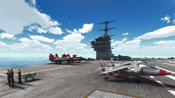 Engineers stand by on the aircraft carrier deck in Carrier Deck, overseeing operations and maintenance.