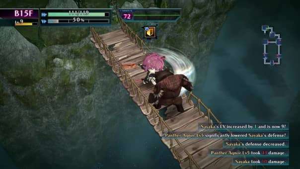A fierce combat sequence from the Death end re;Quest: Code Z review, showcasing an up-close fight on a bridge-like battlefield.