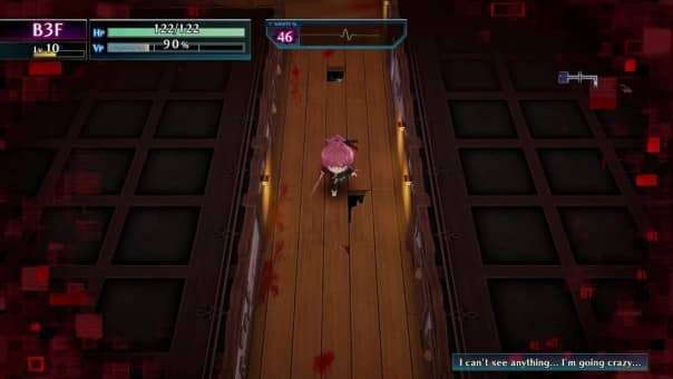 A tense exploration scene from the Death end re;Quest: Code Z review, showing a character navigating a dimly lit corridor.
