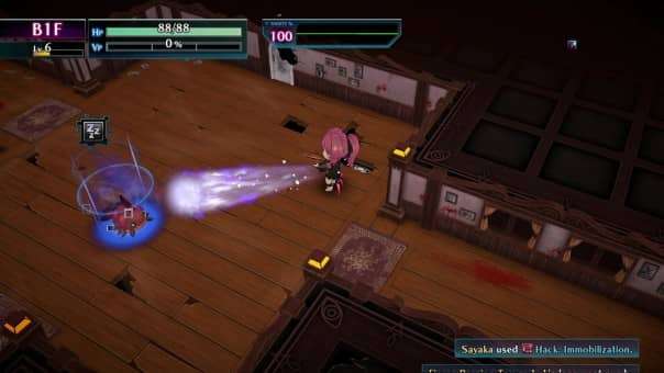 A dramatic battle moment from the Death end re;Quest: Code Z review, showcasing a character launching a magic projectile in a wooden room.