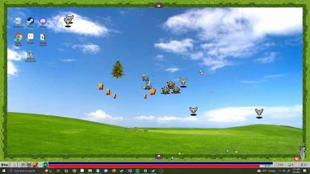 A chaotic battle scene from the Desktop Survivors 98 review, with enemies swarming the player.
