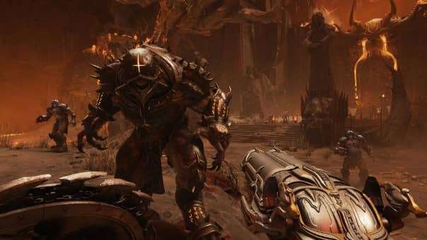The Doom Slayer clashes with an elite armored soldier beast in the DOOM: The Dark Ages review, showcasing a brutal, high-stakes battle.