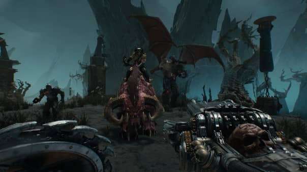 The Doom Slayer faces a group of enemies, including one mounted on a towering beast, in the DOOM: The Dark Ages review, showcasing epic combat.