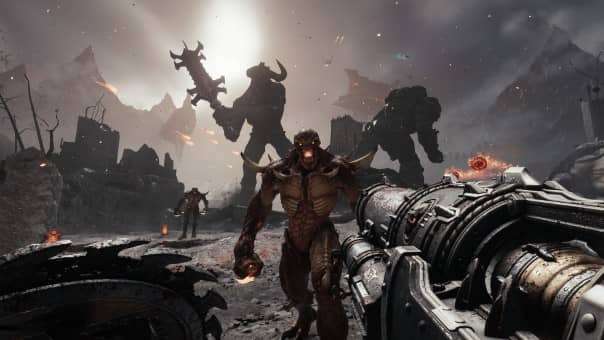 The Doom Slayer charges into battle against a relentless horde in the DOOM: The Dark Ages review, showcasing intense combat action.