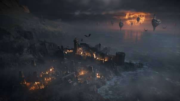 A sweeping aerial view of the grim dark world in the DOOM: The Dark Ages review, showcasing the desolate landscape overrun by hellish demons.