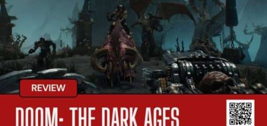 A high-intensity action shot from the DOOM: The Dark Ages review, highlighting its brutal combat and immersive atmosphere.