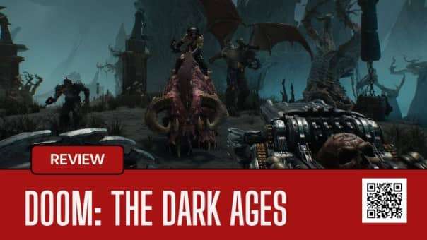 A high-intensity action shot from the DOOM: The Dark Ages review, highlighting its brutal combat and immersive atmosphere.
