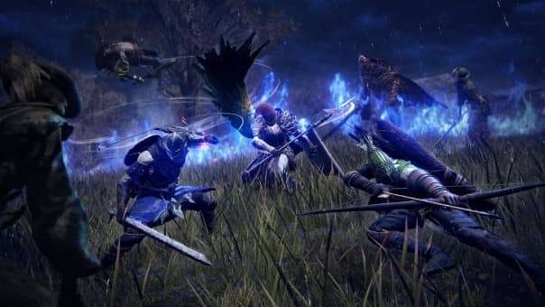 An intense battle scene from the Elden Ring Nightreign Deluxe Edition review, showcasing three warriors fighting together.
