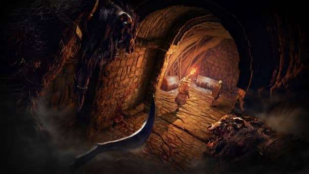 A tense moment in our Elden Ring Nightreign Deluxe Edition review, as heroes cautiously inspect unopened chests while an unseen enemy lurks.