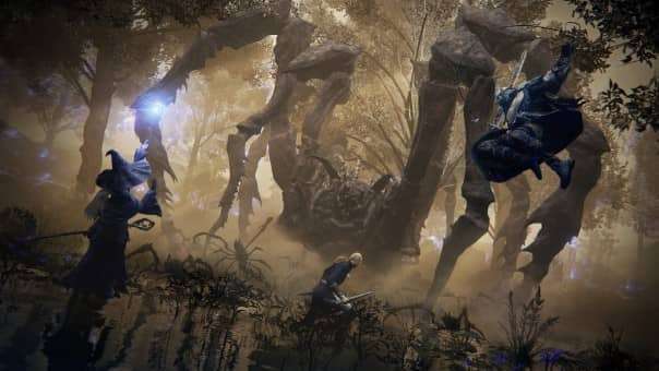 A fierce showdown in our Elden Ring Nightreign Deluxe Edition review, as warriors face off against a towering, multi-limbed spider boss.