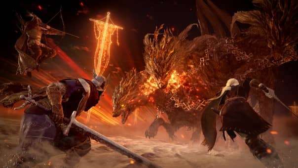 A fierce battle unfolds in our Elden Ring Nightreign Deluxe Edition review, as warriors face the monstrous three-headed dog, Tricephalos.