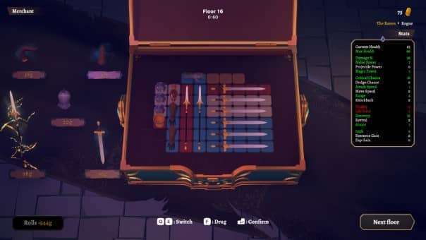 The upgrade and inventory screen in God of Weapons, where strategic item placement impacts power and survival.