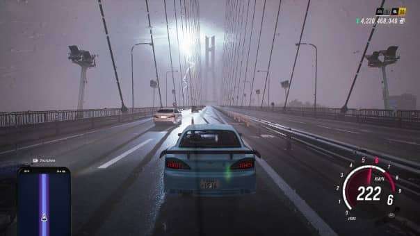 A high-speed race over a bridge in the JDM: Japanese Drift Master review, with lightning illuminating the stormy night sky