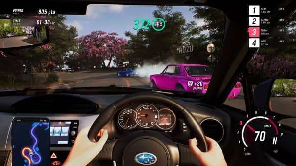 An in-game shot of a Subaru’s dashboard in the JDM: Japanese Drift Master review, showcasing detailed interior design and HUD elements.