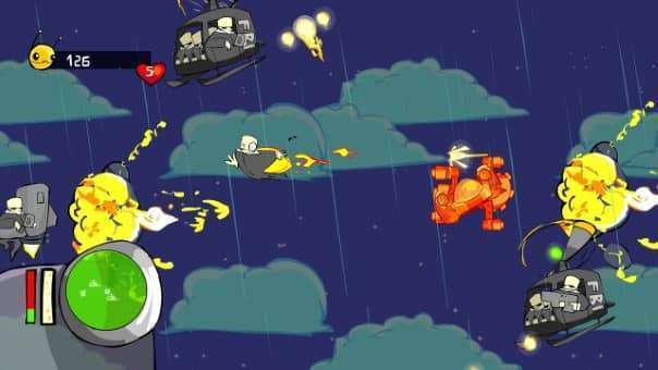 The side-scrolling shmup segment in Alien Hominid HD erupts with lasers, bullets, and alien firepower against robotic foes.