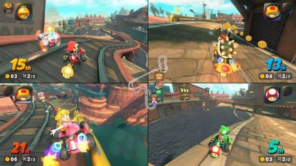 Four-player local racing action in the Mario Kart World review, highlighting split-screen chaos and competition.