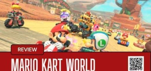 A high-speed race scene from the Mario Kart World review, capturing the chaotic fun of kart combat.