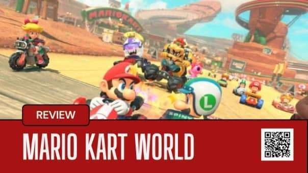 A high-speed race scene from the Mario Kart World review, capturing the chaotic fun of kart combat.