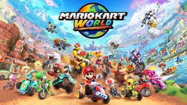 Character selection screen in the Mario Kart World review, displaying the full roster of racers.