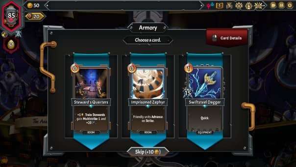 The upgrade screen in the Monster Train 2 review, showcasing card selection and enhancement options.