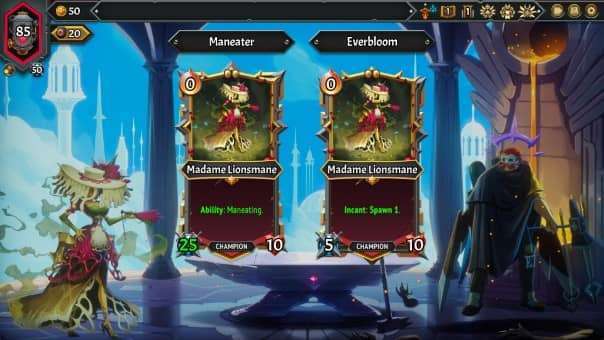 The champion upgrade screen in the Monster Train 2 review, showcasing powerful new abilities and enhancements.