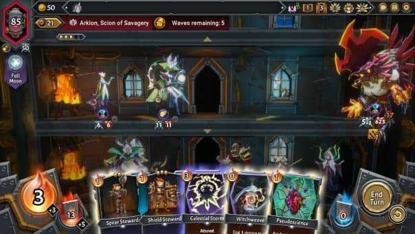 An intense battle scene from the Monster Train 2 review, showing a full deck of cards and a wave of enemies on the train.