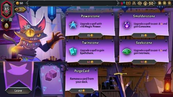 The in-game shop screen in the Monster Train 2 review, displaying the latest stock of cards and upgrades.