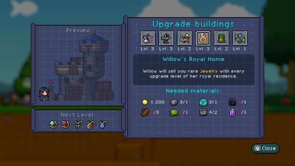 The building upgrade screen from the Nice Day for Fishing review, showing available enhancements for village restoration.