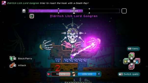 A shadowy eldritch boss fight from the Nice Day for Fishing review, showcasing the game's dark fantasy twist.