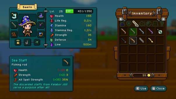 The inventory system interface in the Nice Day for Fishing review, showing equipped gear and collected items.