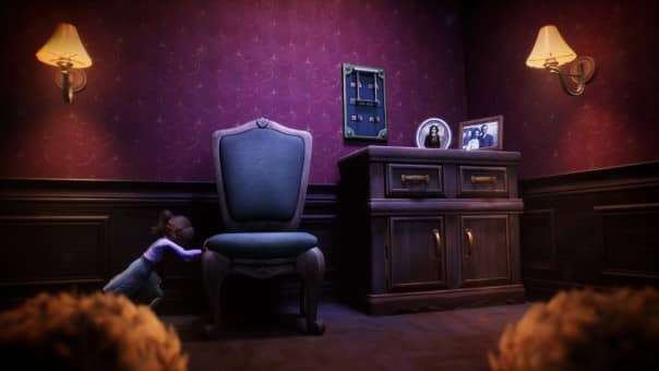 Sophie pushes a chair toward a tall cabinet in Out of Sight, using her surroundings to uncover hidden hallway secrets.