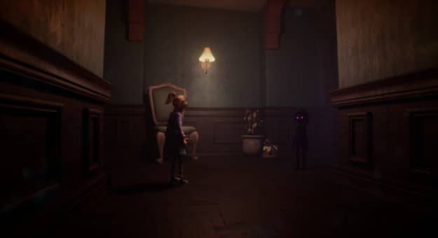 Sophie encounters a ghostly young boy in Out of Sight, their eerie meeting bathed in the dim glow of the haunted mansion.