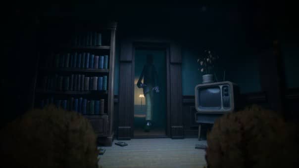 From Teddy’s perspective in Out of Sight, an adult cautiously steps into the dimly lit study, heightening the sense of unease.