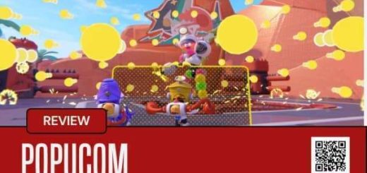 Characters in POPUCOM use teamwork and shields to battle a towering boss in a vibrant, action-packed showdown.