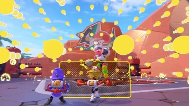 wo players battle a massive creature in POPUCOM, with one using a shield for defense while the other fires from cover.