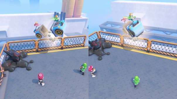 POPUCOM’s local splitscreen in action, showcasing two players navigating unique challenges side by side.