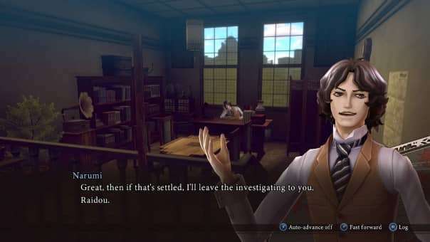 Raidou engages in a quiet exchange inside the Narumi Detective Agency in RAIDOU Remastered: The Mystery of the Soulless Army.