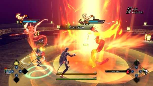 Raidou unleashes a fiery pyro spell in RAIDOU Remastered: The Mystery of the Soulless Army, striking enemy weakness with explosive force.