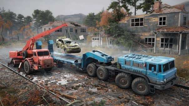 A crane carefully placing a wrecked car onto a loader in the RoadCraft review, showcasing vehicle recovery gameplay.