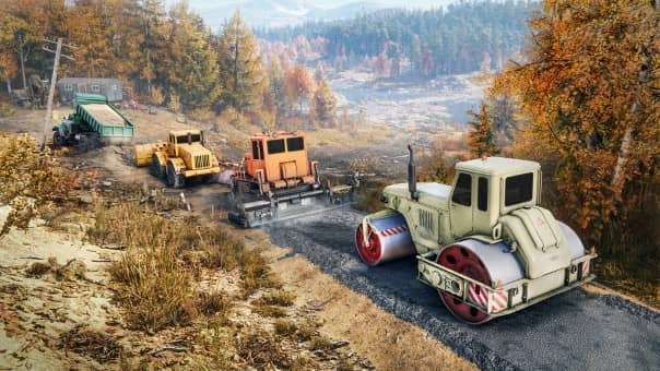 A fleet of construction vehicles paving a new road in the RoadCraft review, with a roller smoothing the surface.
