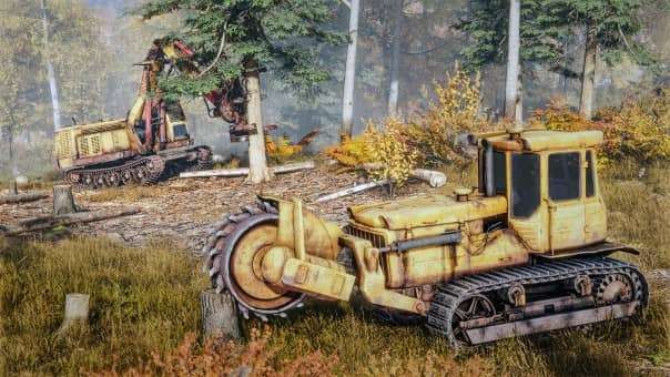 Two powerful vehicles clearing trees in the RoadCraft review, showcasing forestry and land development gameplay.